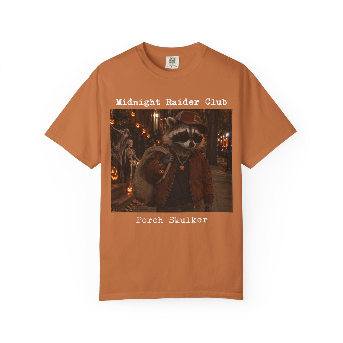 Midnight Raider Club Porch Skulker T-Shirt | Raccoon Halloween Design