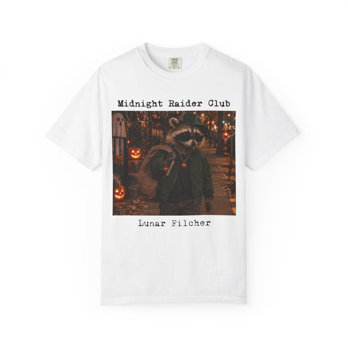 Midnight Raider Club Lunar Pilcher T-shirt | Halloween Raccoon Night Scene