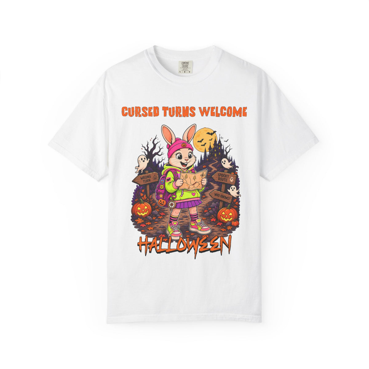 Cursed Turns Welcome Halloween bunny character T-shirt | spooky pumpkins haunted signs
