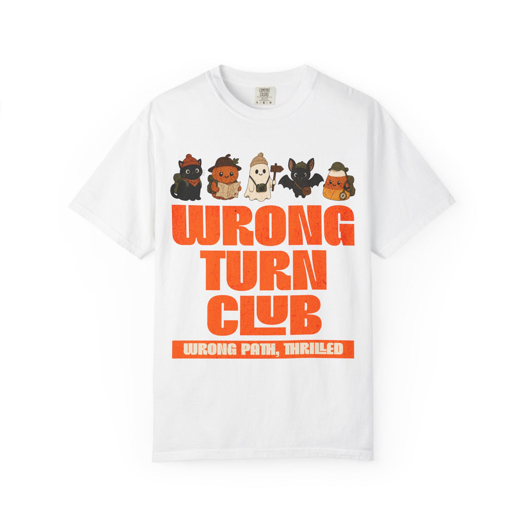 Wrong Turn Club graphic T-shirt | cute Halloween monsters, orange retro type