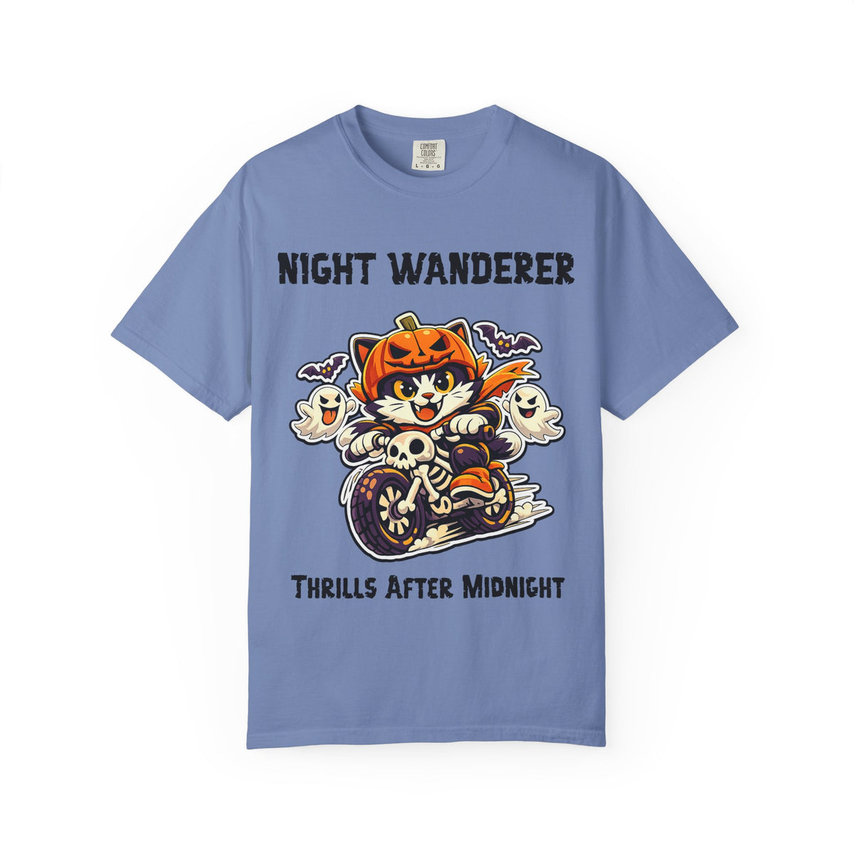 Thrills After Midnight Halloween T-Shirt | Cat on Motorcycle Shirt | Halloween Pumpkin Ghosts t-shirt | Night Wanderer Club