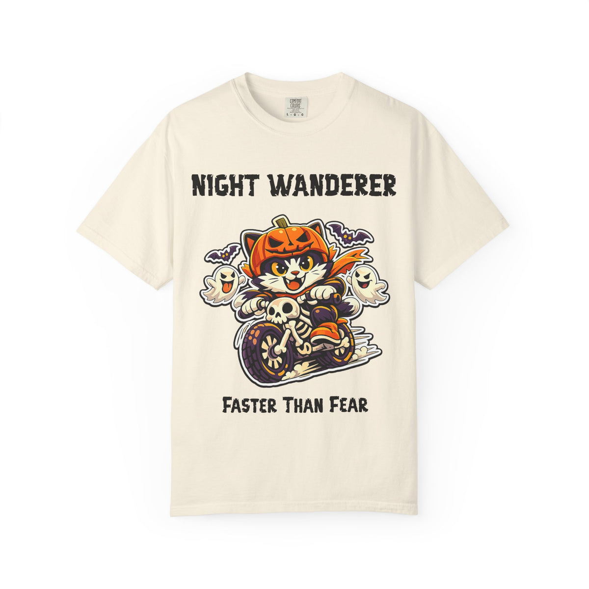 Comfort Color Faster Than Fear Halloween T-Shirt | Cat on Motorcycle Shirt | Halloween Pumpkin Ghosts t-shirt | Night Wanderer Club