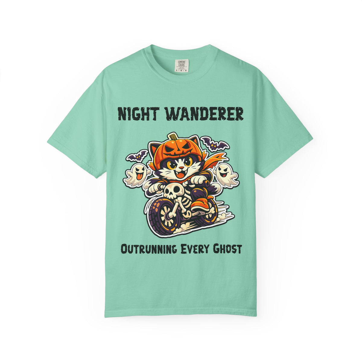 Comfort Color Outrunning Every Ghost Halloween T-Shirt | Cat on Motorcycle Shirt | Halloween Pumpkin Ghosts t-shirt | Night Wanderer Club