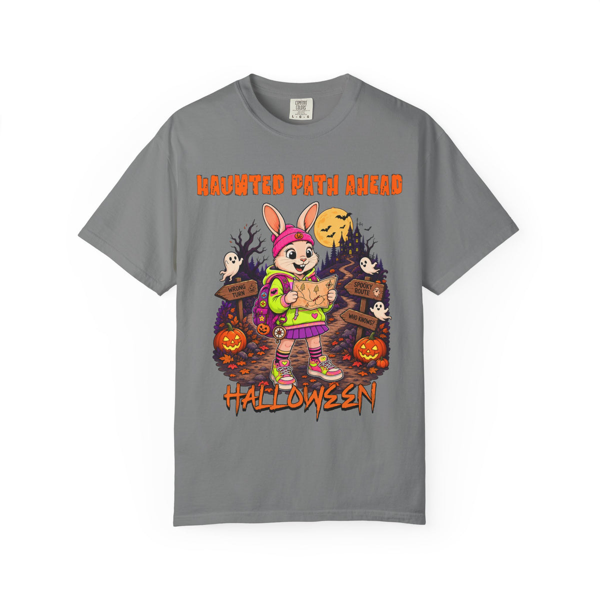 Haunted Path Ahead Halloween Bunny T-shirt | Spooky Pumpkin Night