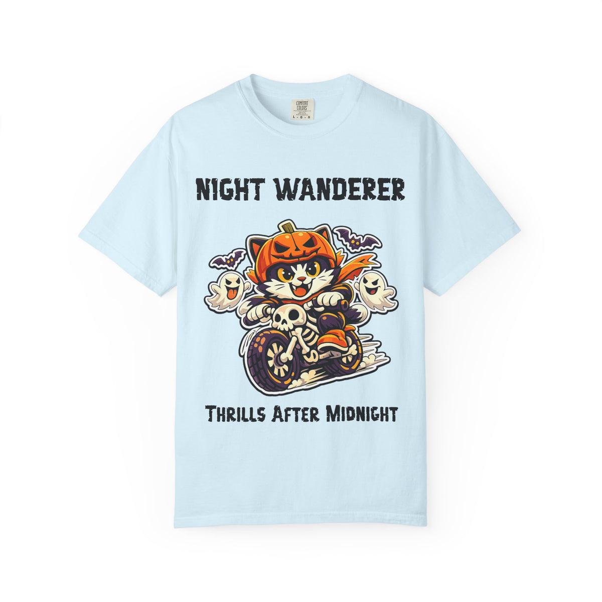 Thrills After Midnight Halloween T-Shirt | Cat on Motorcycle Shirt | Halloween Pumpkin Ghosts t-shirt | Night Wanderer Club