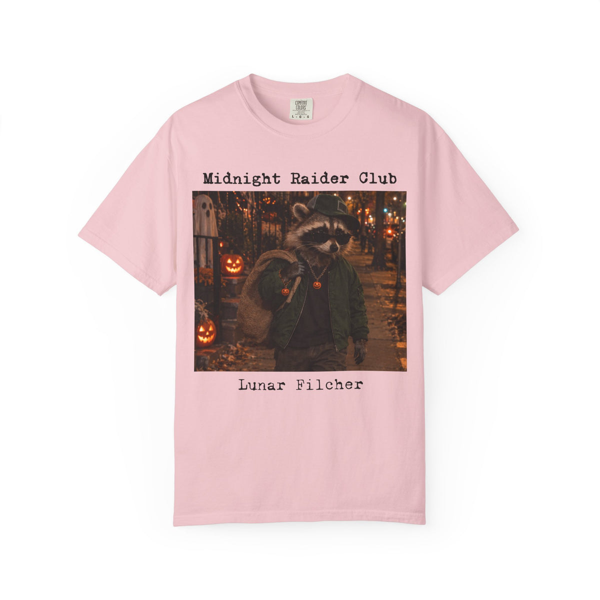 Midnight Raider Club Lunar Pilcher T-shirt | Halloween Raccoon Night Scene