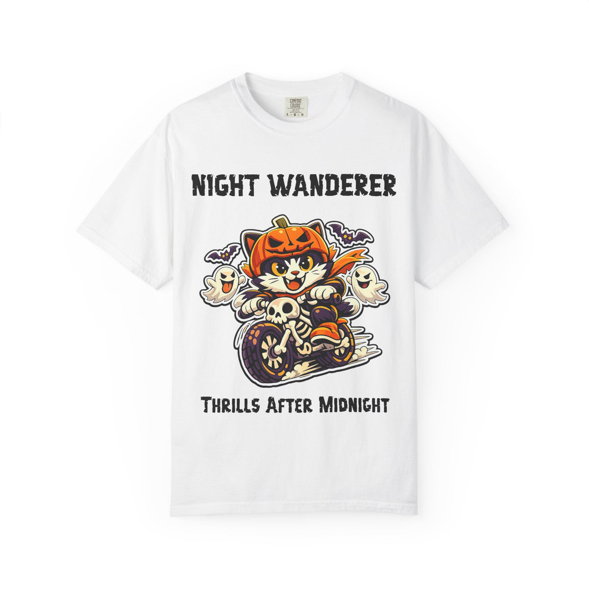 Thrills After Midnight Halloween T-Shirt | Cat on Motorcycle Shirt | Halloween Pumpkin Ghosts t-shirt | Night Wanderer Club