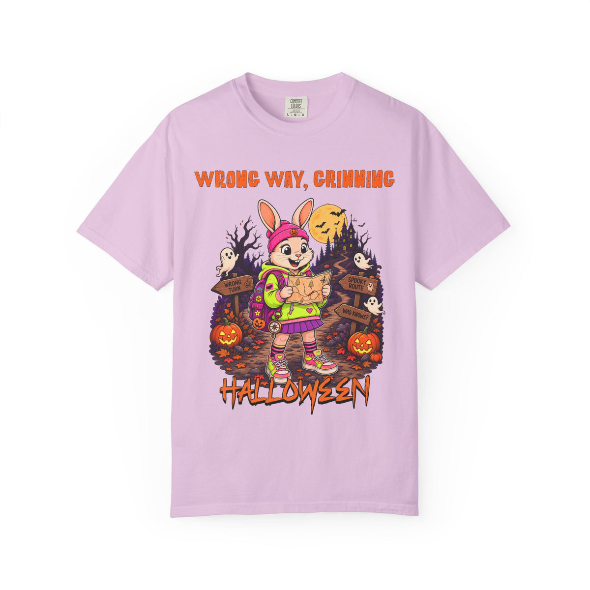 Wrong Way Crimming Halloween Bunny T-shirt | Cartoon Trick-or-Treat Scene