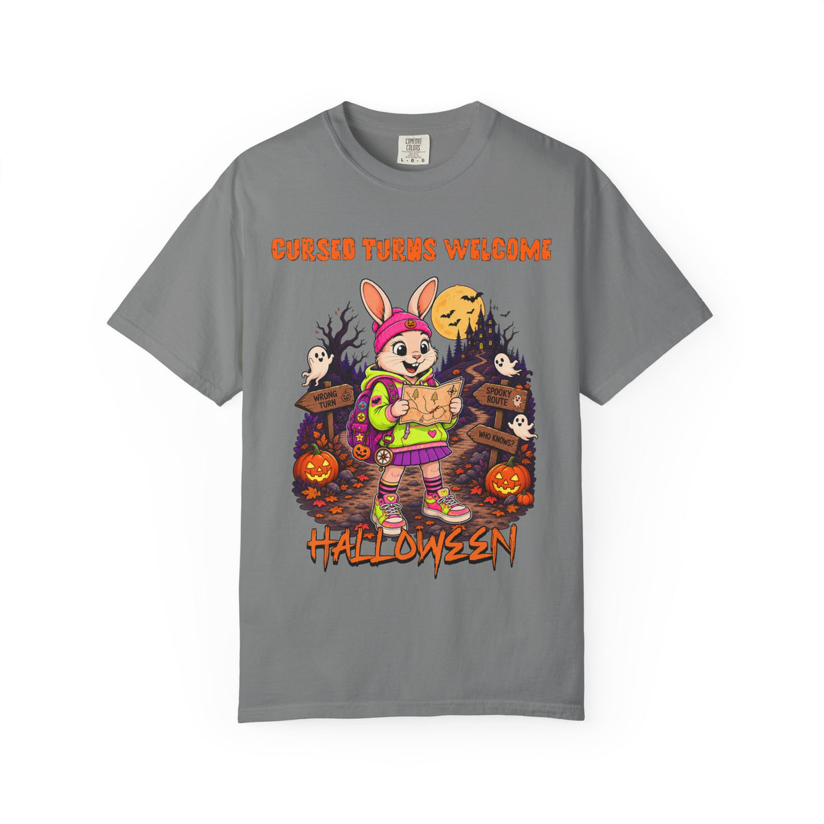 Cursed Turns Welcome Halloween bunny character T-shirt | spooky pumpkins haunted signs
