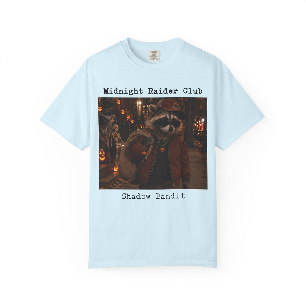 Midnight Raider Club Shadow Bandit raccoon T-Shirt | Halloween street scene