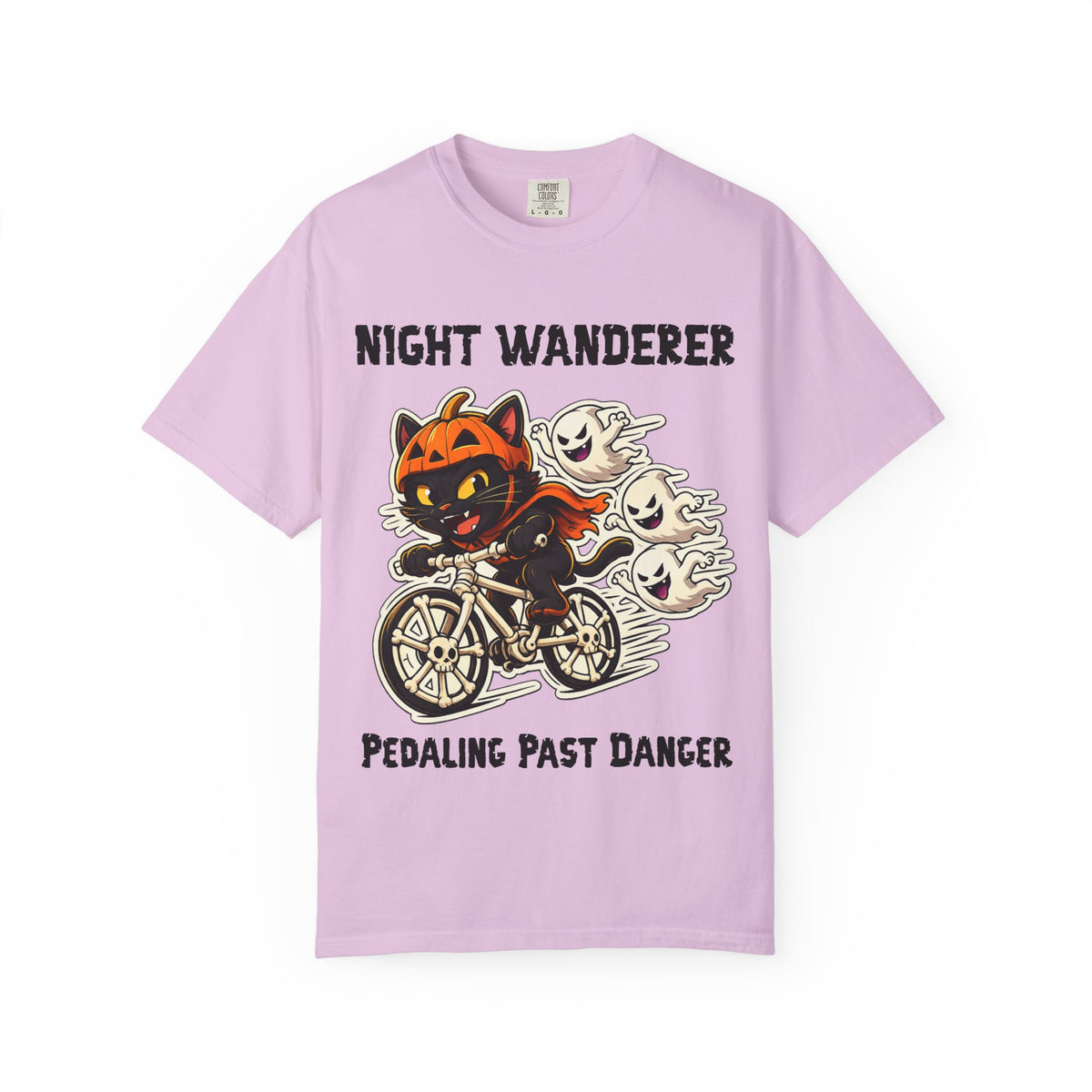 Pedaling Past Danger Halloween T-Shirt | Cat on Bike Shirt | Halloween Pumpkin Ghosts t-shirt | Night Wanderer Club