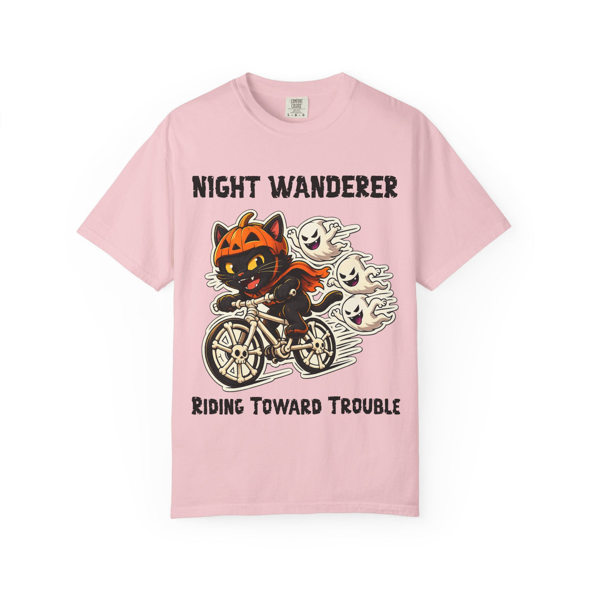 Comfort Color Riding Toward Trouble Halloween T-Shirt | Cat on Bike Shirt | Halloween Pumpkin Ghosts t-shirt | Night Wanderer Club