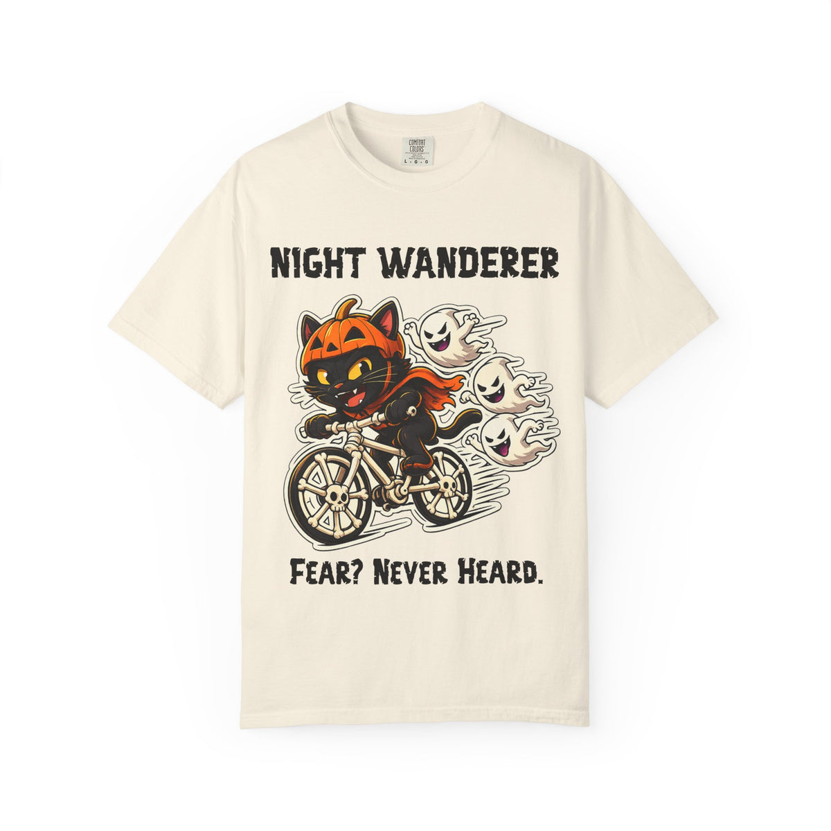Comfort Color Fear Never Heard Halloween T-Shirt | Cat on Bike Shirt | Halloween Pumpkin Ghosts t-shirt | Night Wanderer Club