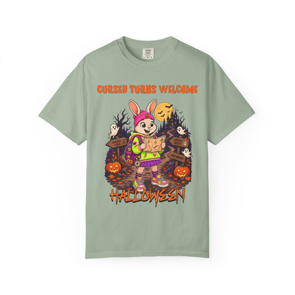 Cursed Turns Welcome Halloween bunny character T-shirt | spooky pumpkins haunted signs