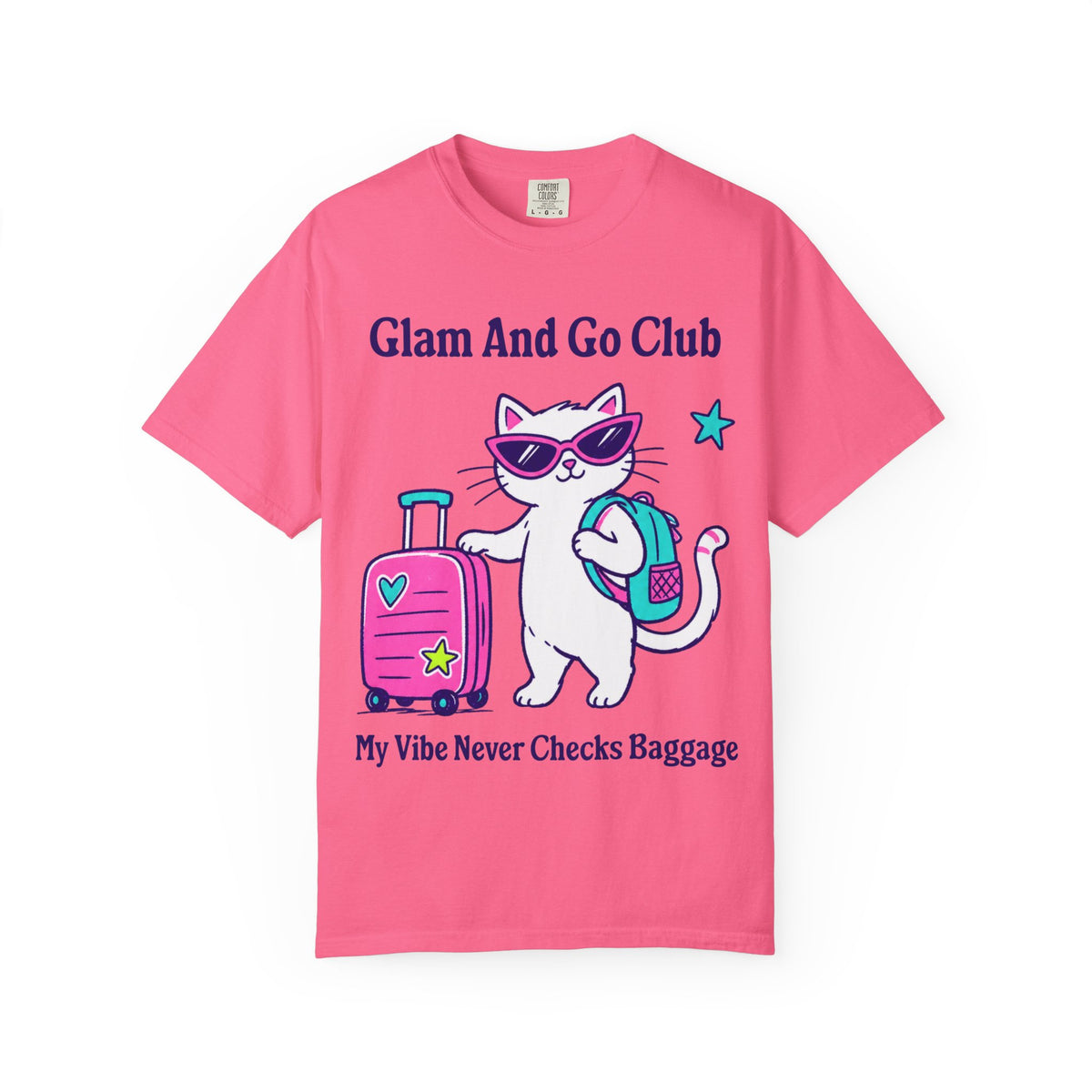 Comfort Colors® My Vibe Never Checks Baggage Shirt | Cute Travel Kitty Tee, Luggage Illustration | Glam And Go Club Cat T-shirt