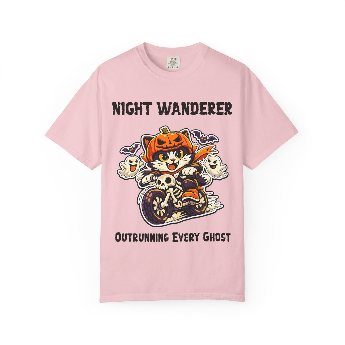Comfort Color Outrunning Every Ghost Halloween T-Shirt | Cat on Motorcycle Shirt | Halloween Pumpkin Ghosts t-shirt | Night Wanderer Club