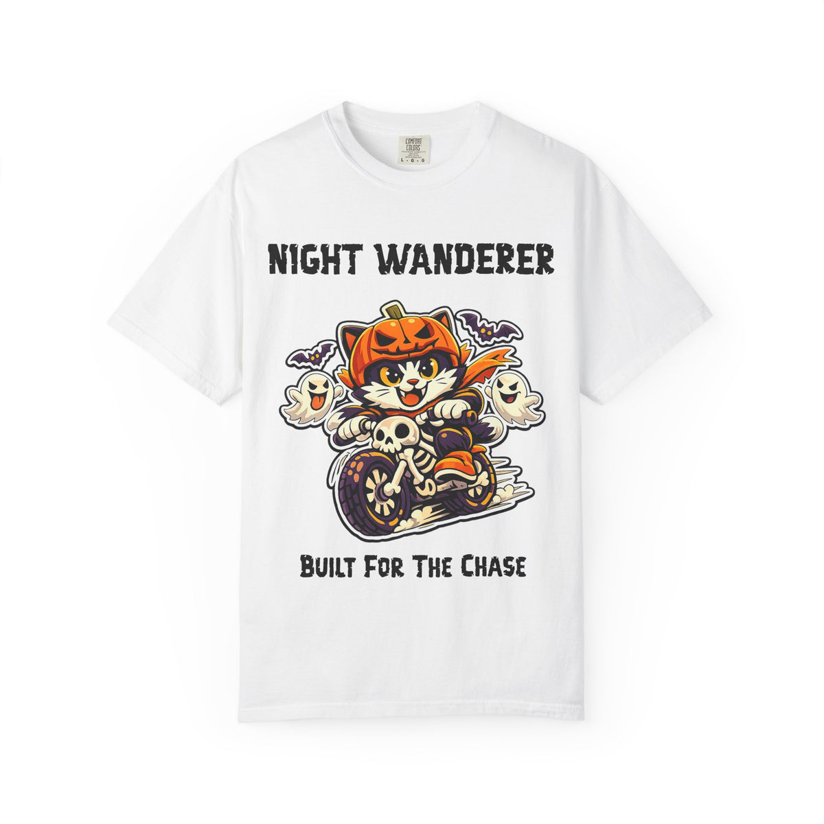 Built For the Chase Halloween T-Shirt | Cat on Motorcycle Shirt | Halloween Pumpkin Ghosts t-shirt | Night Wanderer Club