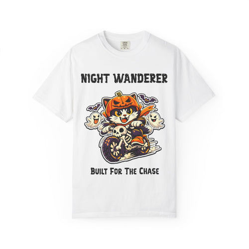 Built For the Chase Halloween T-Shirt | Cat on Motorcycle Shirt | Halloween Pumpkin Ghosts t-shirt | Night Wanderer Club