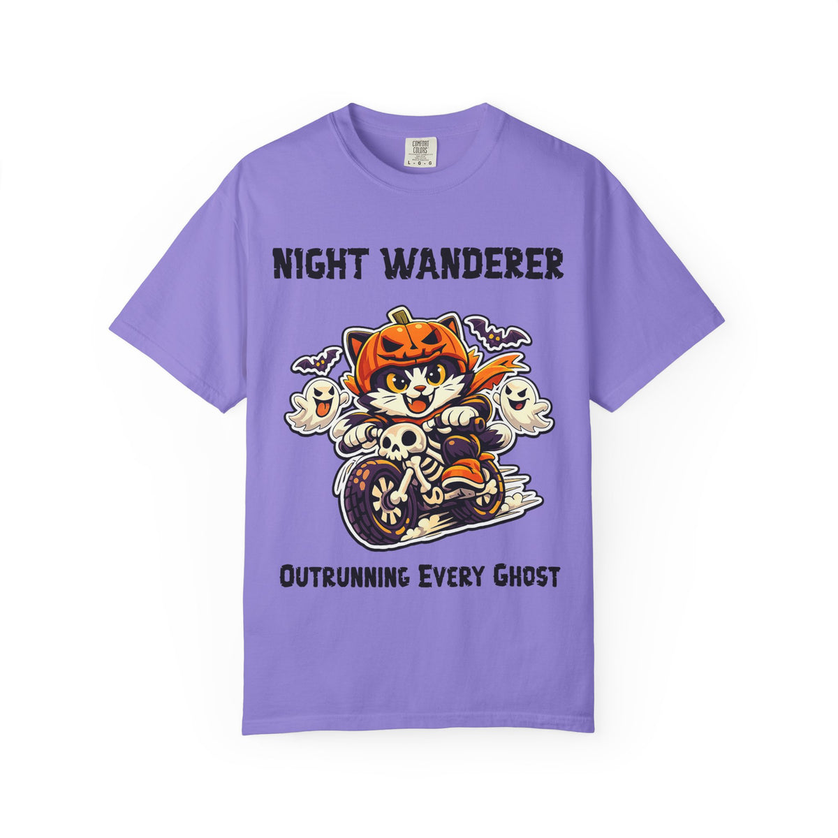 Comfort Color Outrunning Every Ghost Halloween T-Shirt | Cat on Motorcycle Shirt | Halloween Pumpkin Ghosts t-shirt | Night Wanderer Club