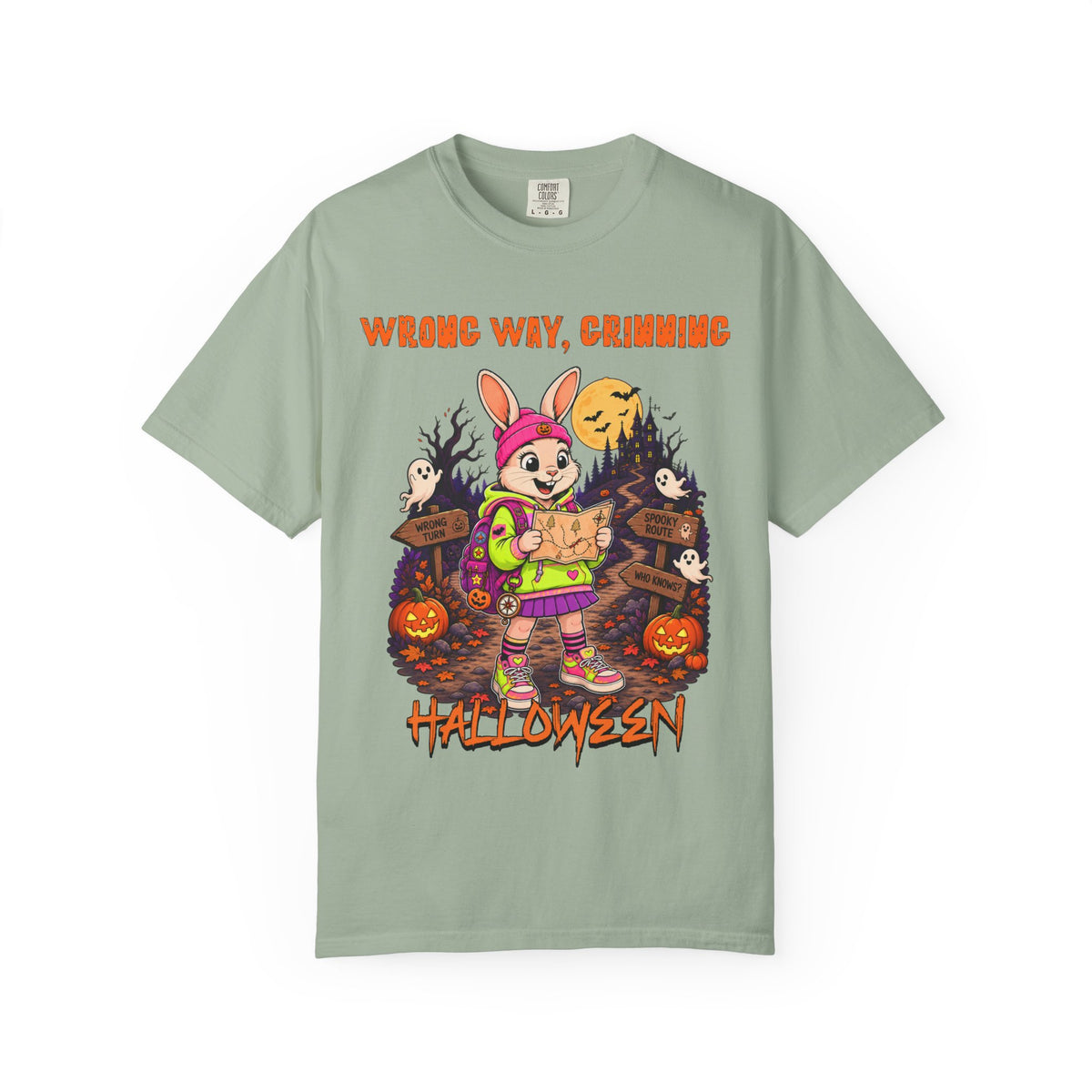 Wrong Way Crimming Halloween Bunny T-shirt | Cartoon Trick-or-Treat Scene