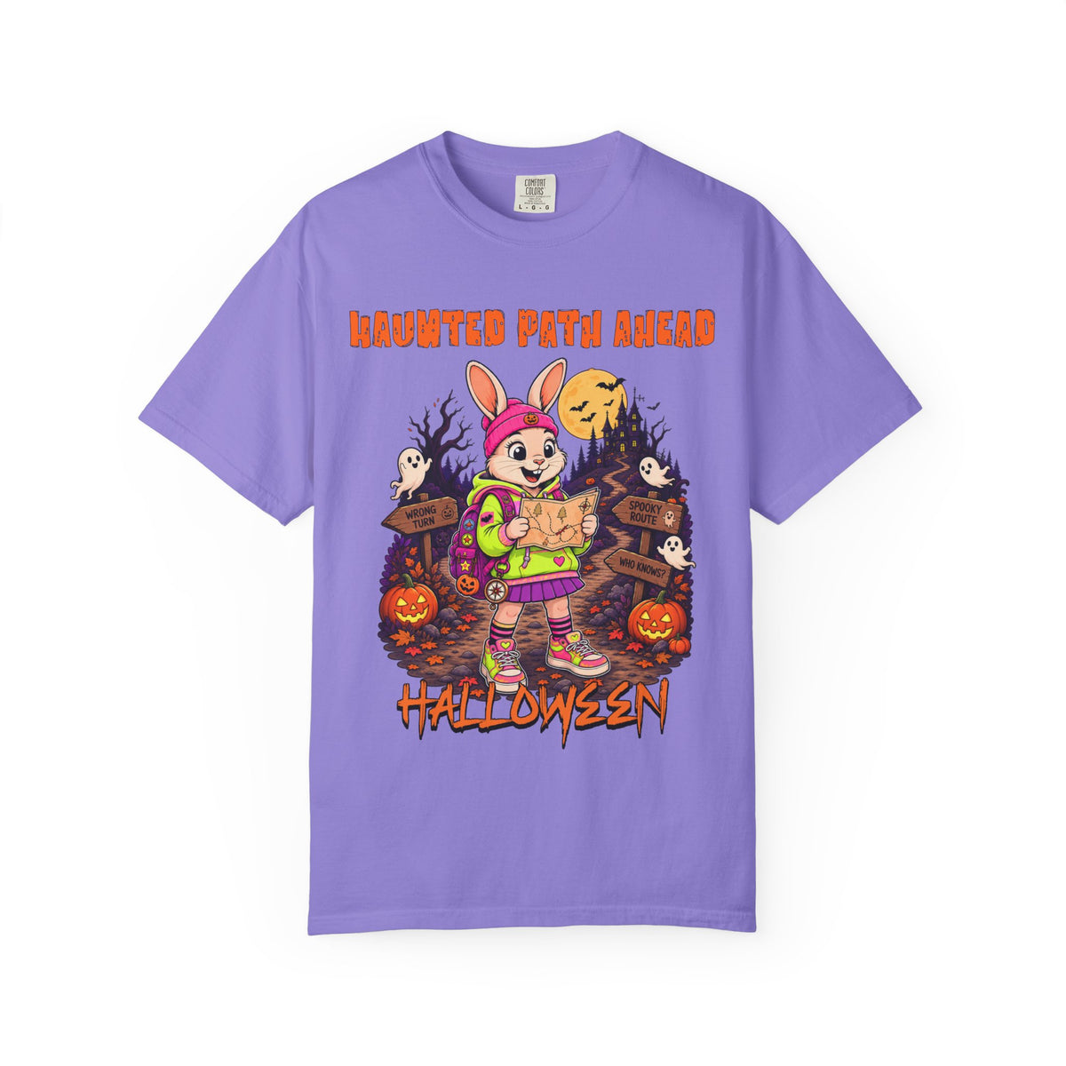 Haunted Path Ahead Halloween Bunny T-shirt | Spooky Pumpkin Night