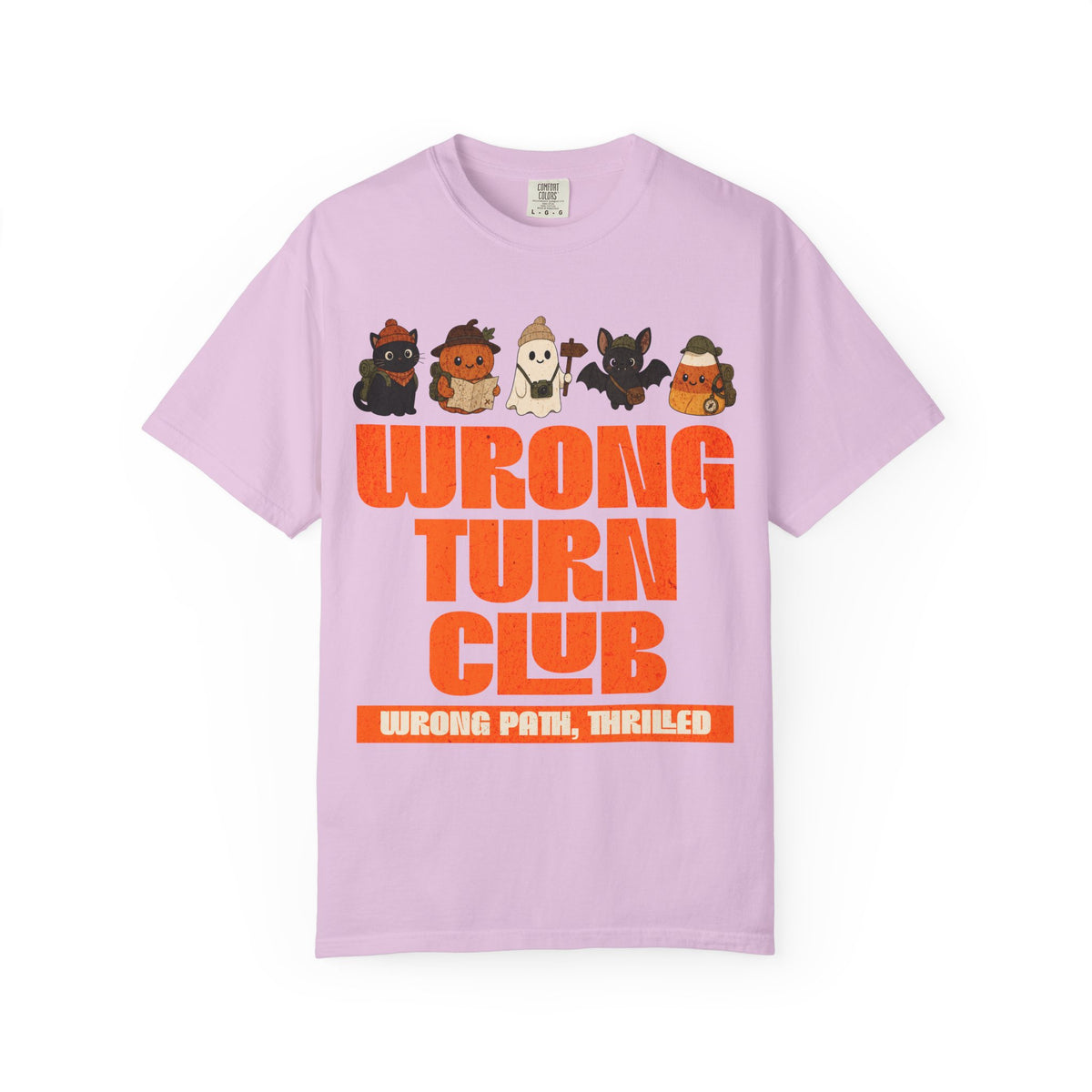 Wrong Turn Club graphic T-shirt | cute Halloween monsters, orange retro type