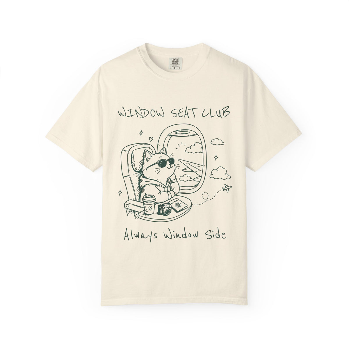 Window Seat Club cat sketch T-shirt | airplane window illustration