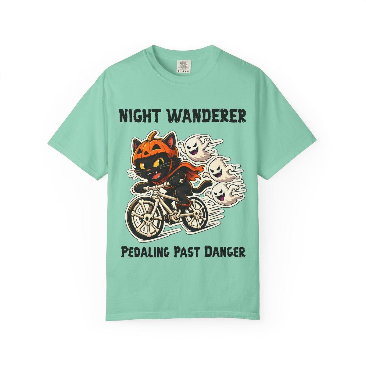 Pedaling Past Danger Halloween T-Shirt | Cat on Bike Shirt | Halloween Pumpkin Ghosts t-shirt | Night Wanderer Club