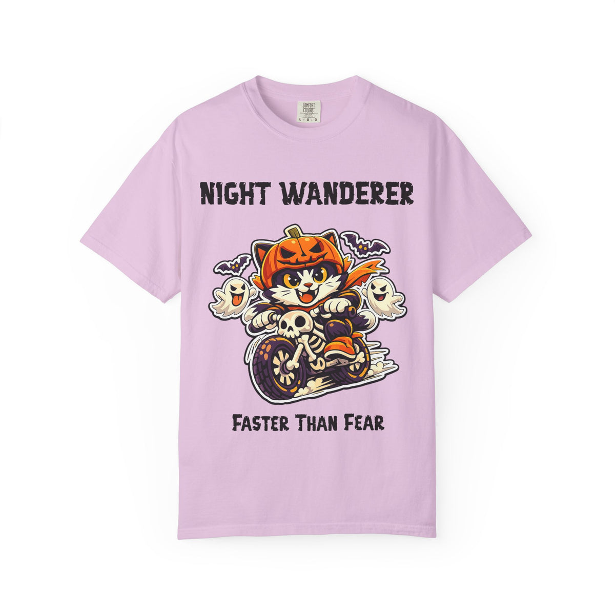 Comfort Color Faster Than Fear Halloween T-Shirt | Cat on Motorcycle Shirt | Halloween Pumpkin Ghosts t-shirt | Night Wanderer Club