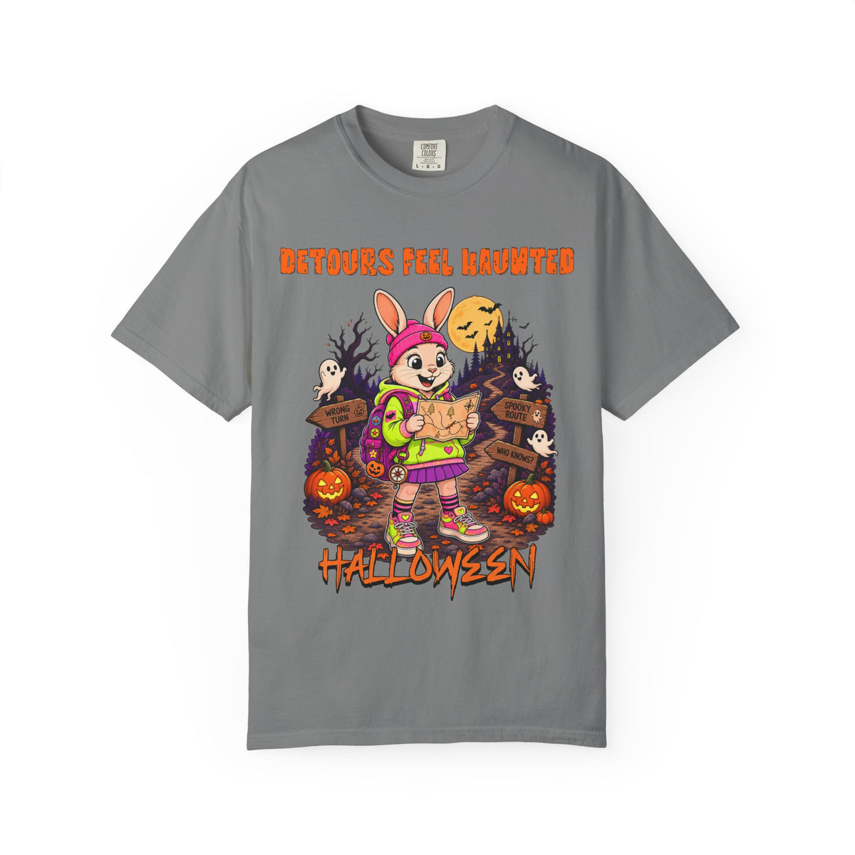 Cute Bunny Trick-or-Treat Halloween T-shirt | Haunted Detours Pumpkin Path