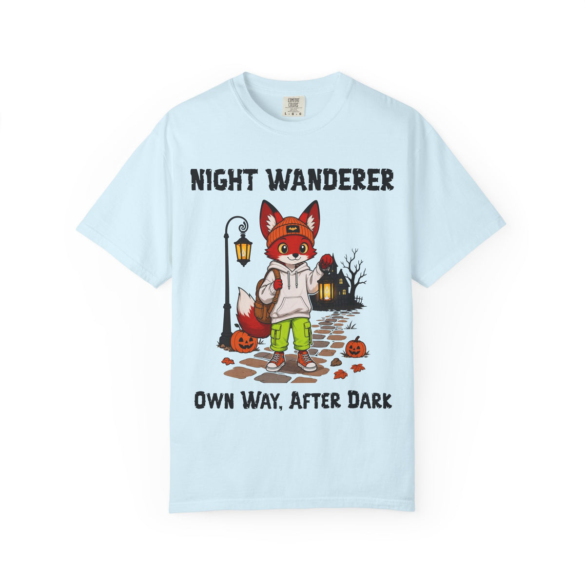 Night Wanderer Fox Illustration T-Shirt | Halloween Night Street Scene
