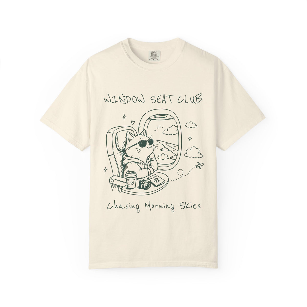Window Seat Club Cat illustration T-Shirt | Chasing Morning Skies