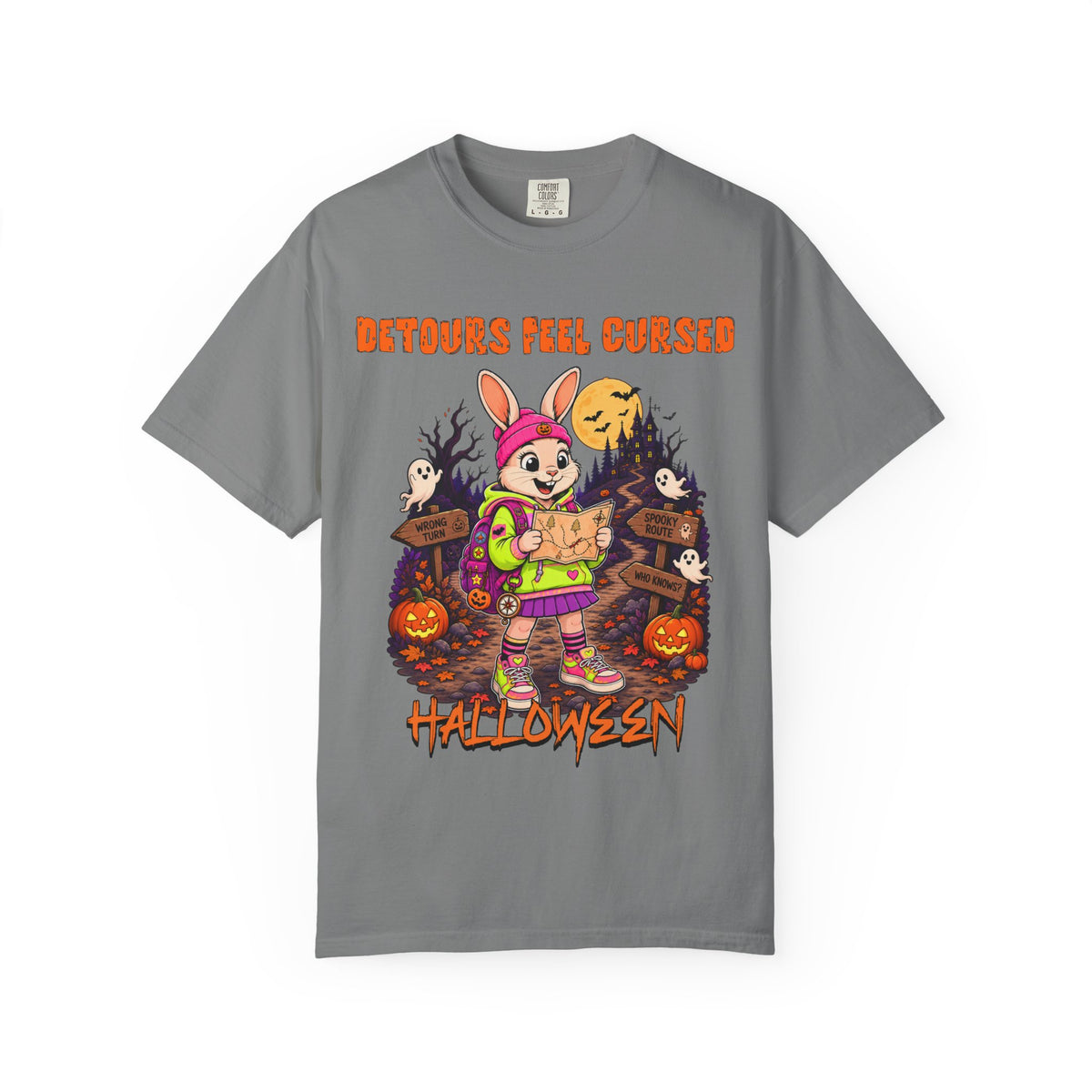 Detours Feel Cursed Halloween bunny character T-shirt | spooky pumpkin graveyard design