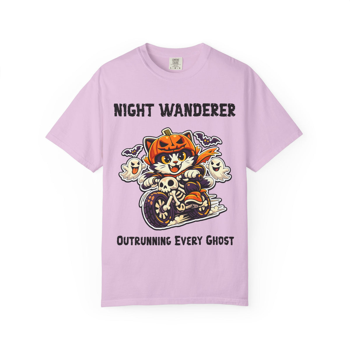 Comfort Color Outrunning Every Ghost Halloween T-Shirt | Cat on Motorcycle Shirt | Halloween Pumpkin Ghosts t-shirt | Night Wanderer Club