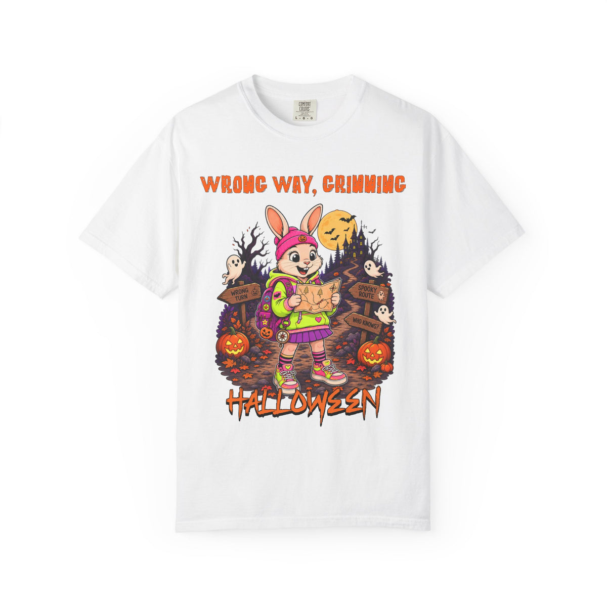 Wrong Way Crimming Halloween Bunny T-shirt | Cartoon Trick-or-Treat Scene