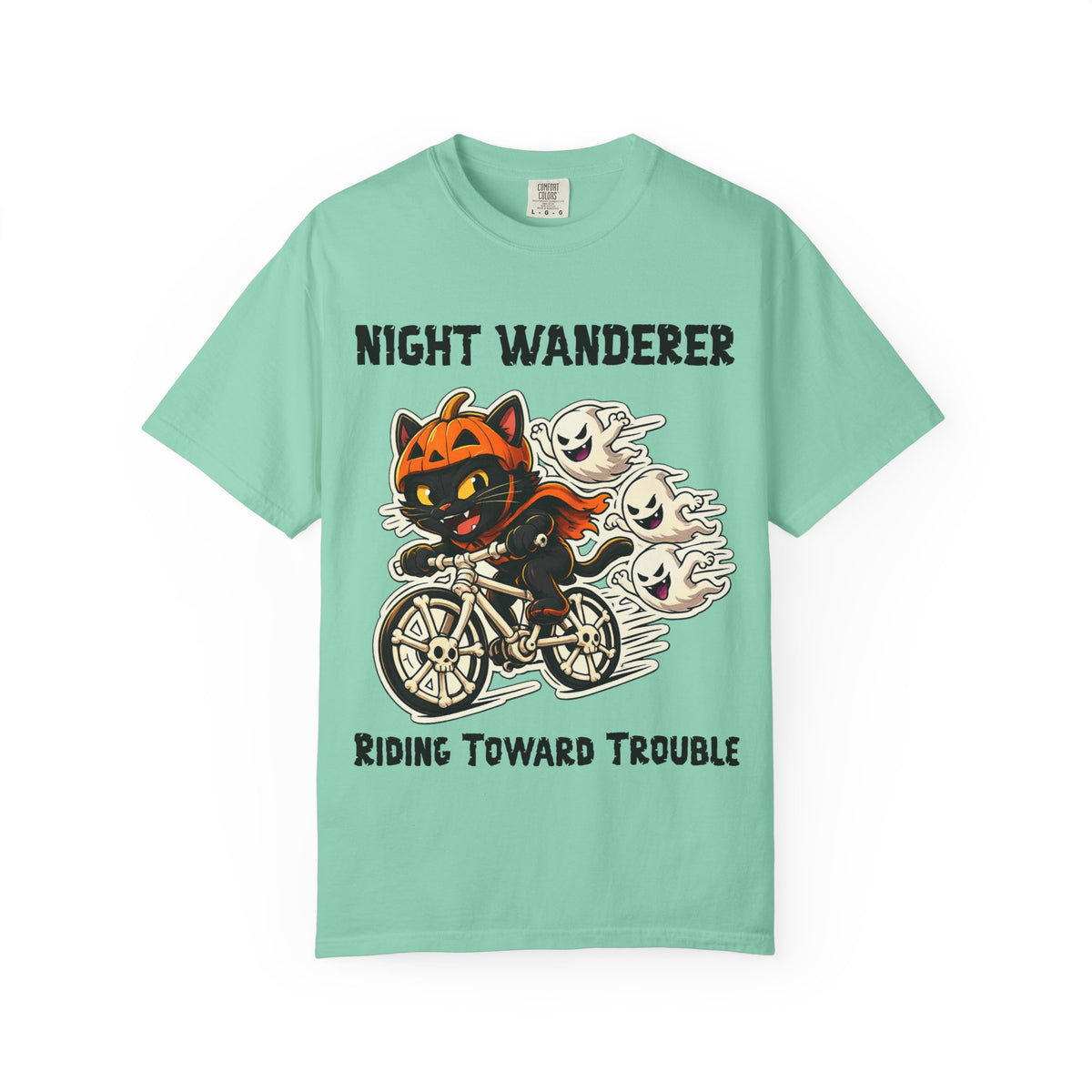 Comfort Color Riding Toward Trouble Halloween T-Shirt | Cat on Bike Shirt | Halloween Pumpkin Ghosts t-shirt | Night Wanderer Club