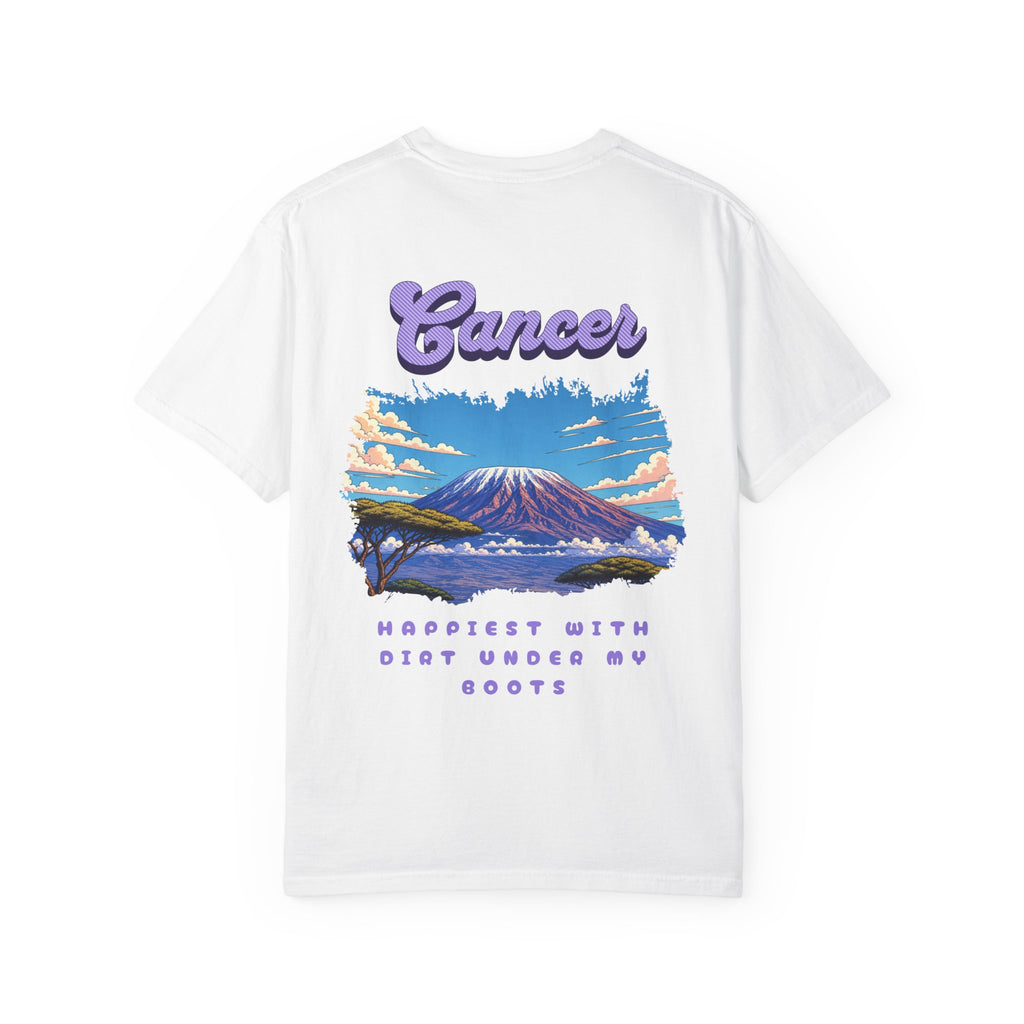 Cancer Zodiac Mountain Scene Back Design T-Shirt | Happiest With Dirt Under My Boots