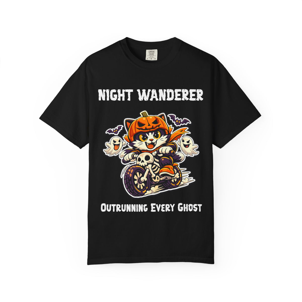 Comfort Color Outrunning Every Ghost Halloween T-Shirt | Cat on Motorcycle Shirt | Halloween Pumpkin Ghosts t-shirt | Night Wanderer Club