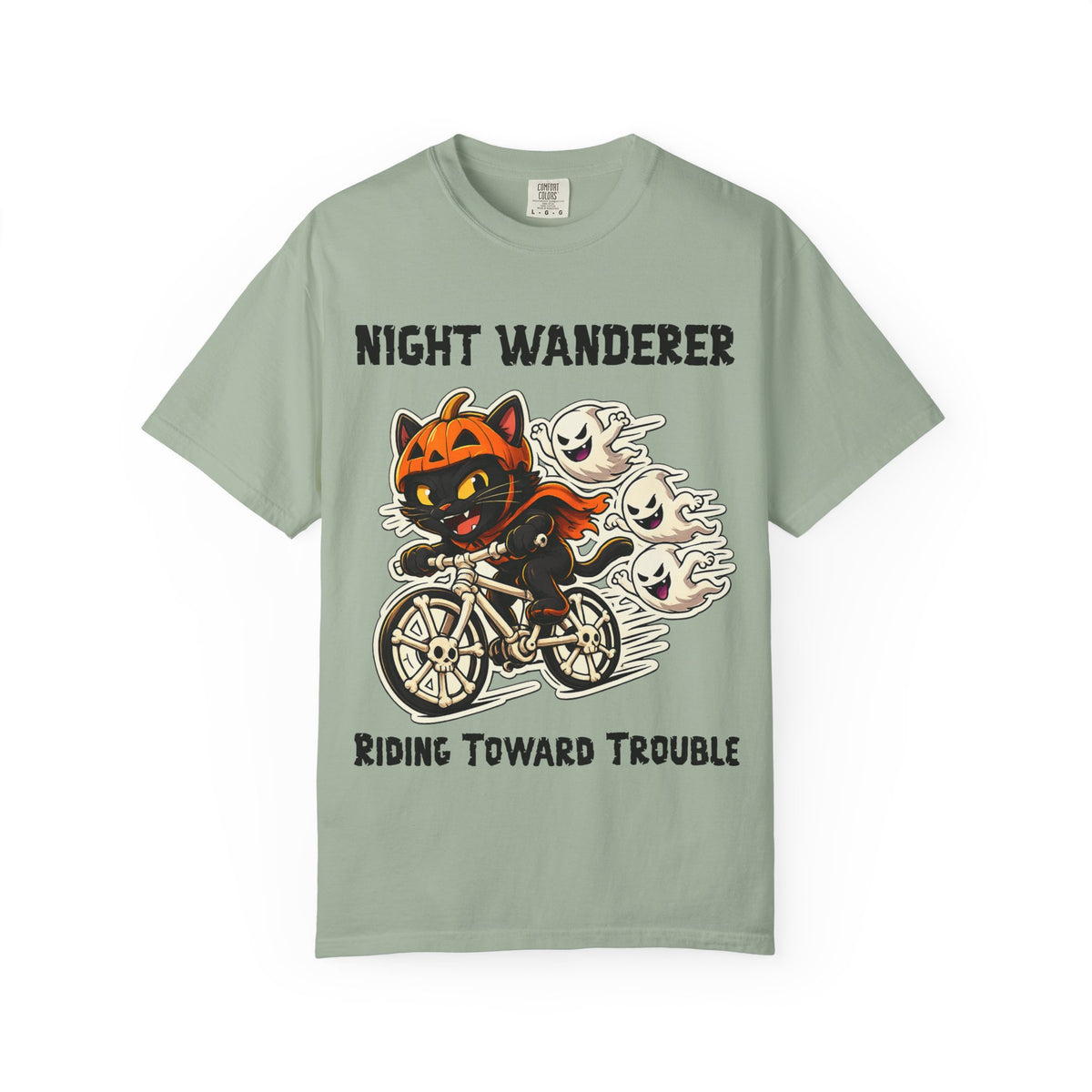 Comfort Color Riding Toward Trouble Halloween T-Shirt | Cat on Bike Shirt | Halloween Pumpkin Ghosts t-shirt | Night Wanderer Club