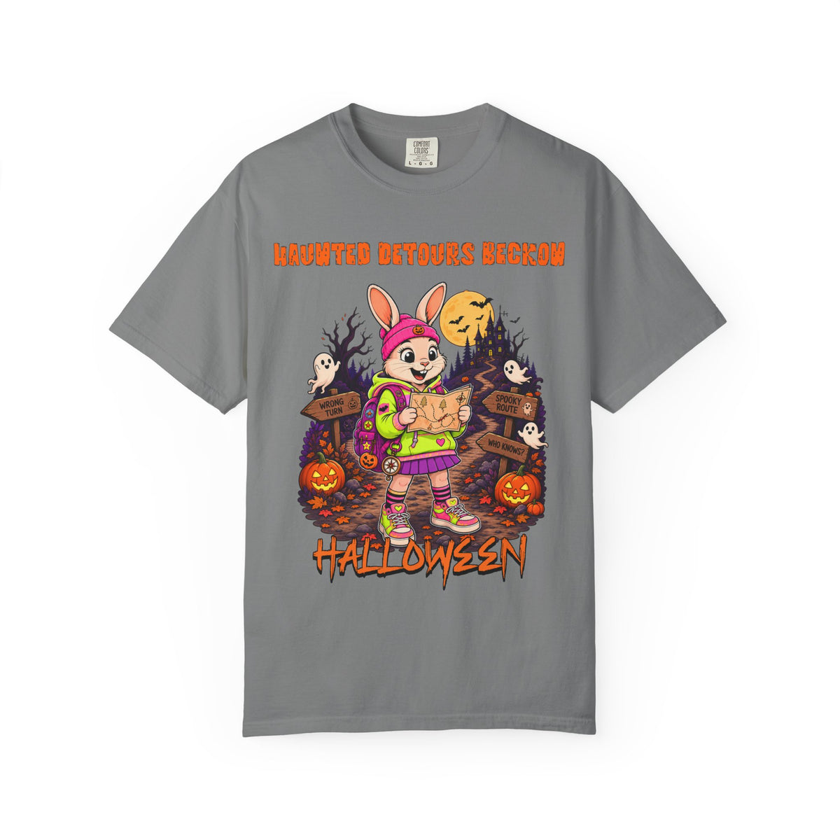 Haunted Detours Bunny Trick-or-Treat T-Shirt | Halloween Pumpkin Spooky Scene