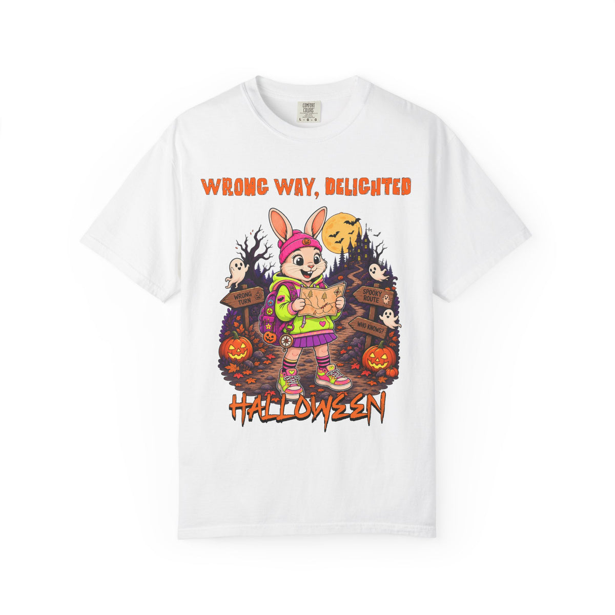 Wrong Way Delighted Halloween Bunny T-Shirt | Cute Spooky Pumpkin Costume