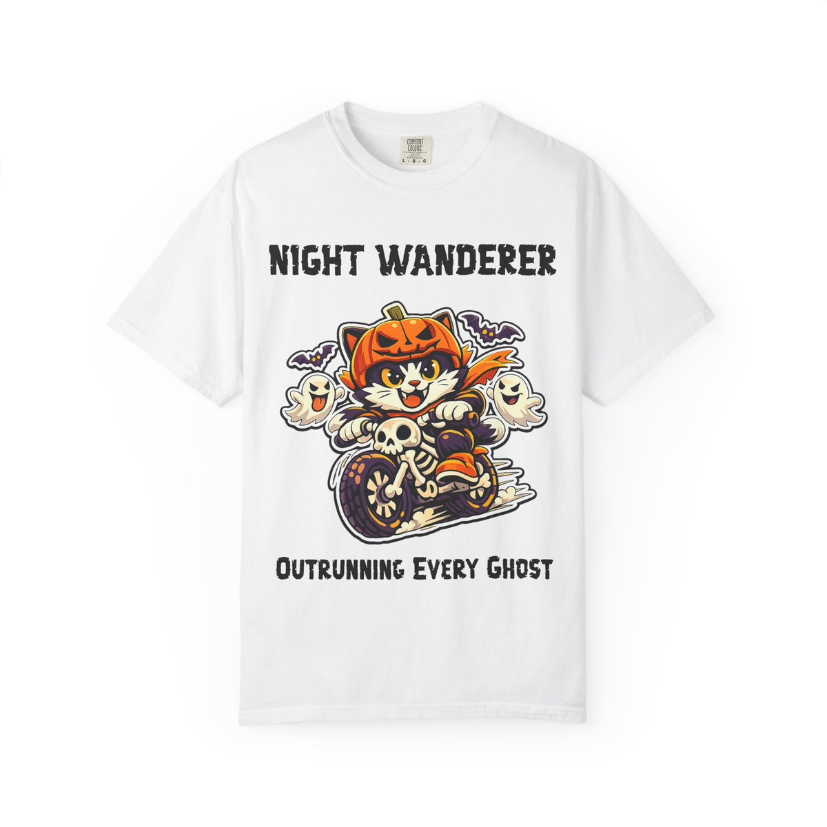 Comfort Color Outrunning Every Ghost Halloween T-Shirt | Cat on Motorcycle Shirt | Halloween Pumpkin Ghosts t-shirt | Night Wanderer Club