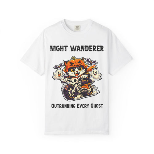 Comfort Color Outrunning Every Ghost Halloween T-Shirt | Cat on Motorcycle Shirt | Halloween Pumpkin Ghosts t-shirt | Night Wanderer Club