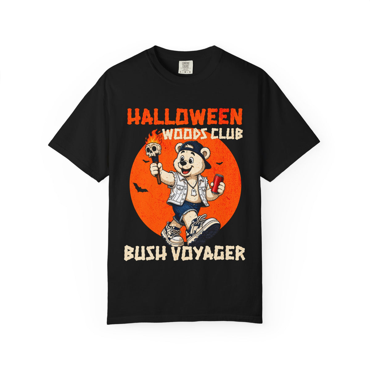 Halloween Woods Club Bush Voyager T-shirt | Retro Bear Hiker Graphic