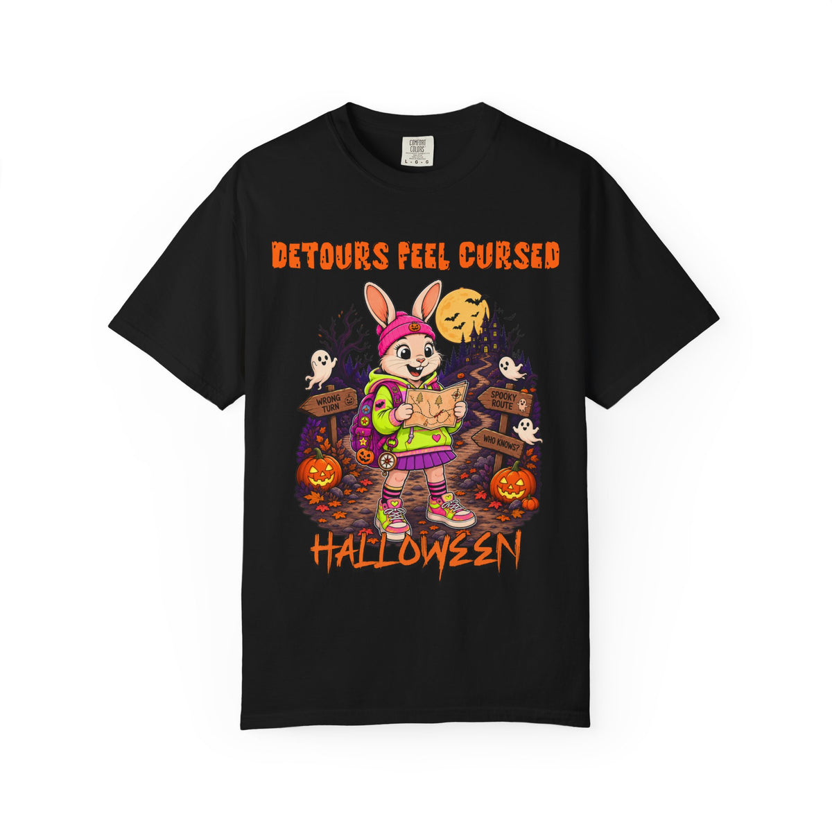 Detours Feel Cursed Halloween bunny character T-shirt | spooky pumpkin graveyard design