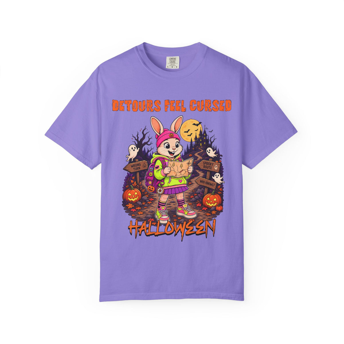 Detours Feel Cursed Halloween bunny character T-shirt | spooky pumpkin graveyard design
