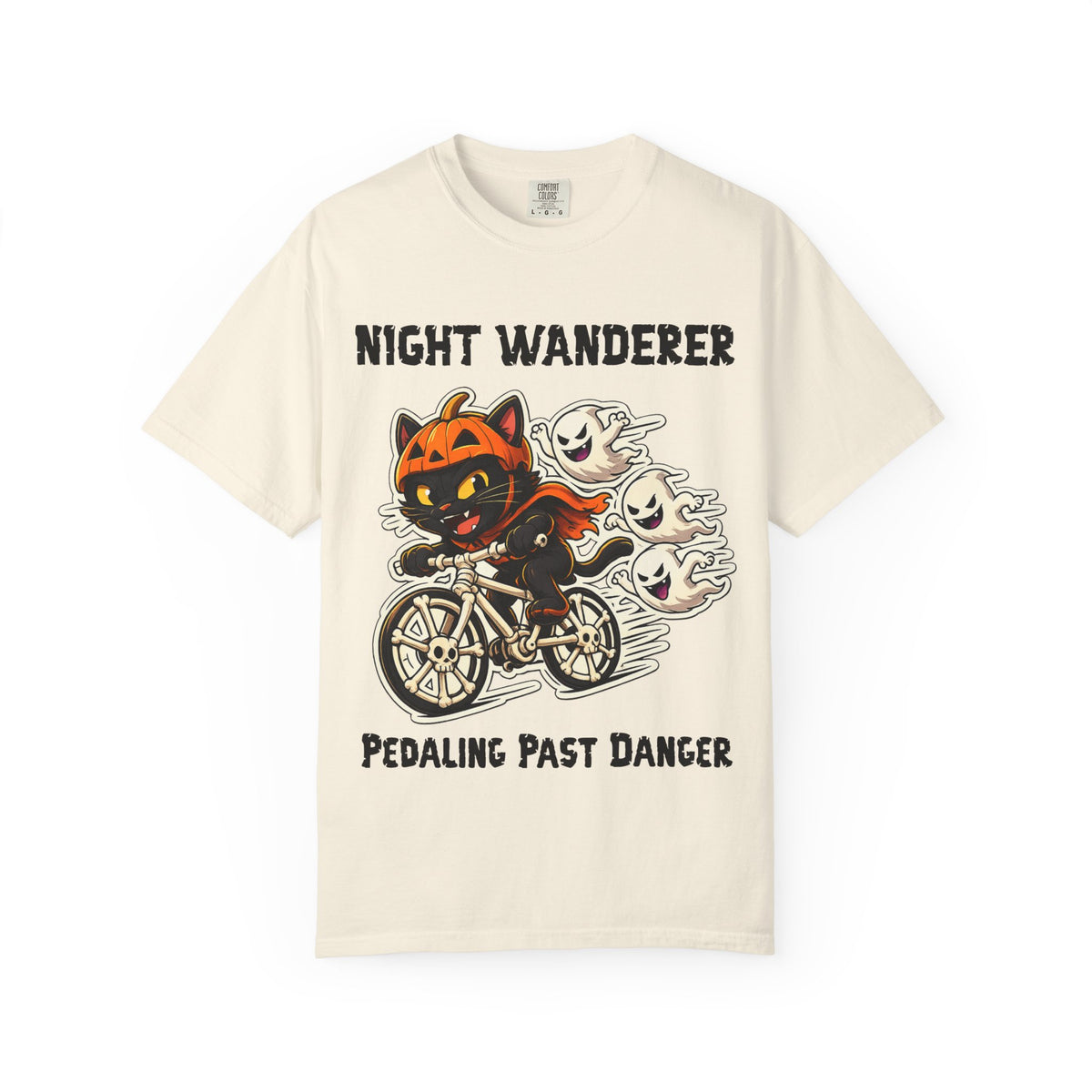 Pedaling Past Danger Halloween T-Shirt | Cat on Bike Shirt | Halloween Pumpkin Ghosts t-shirt | Night Wanderer Club