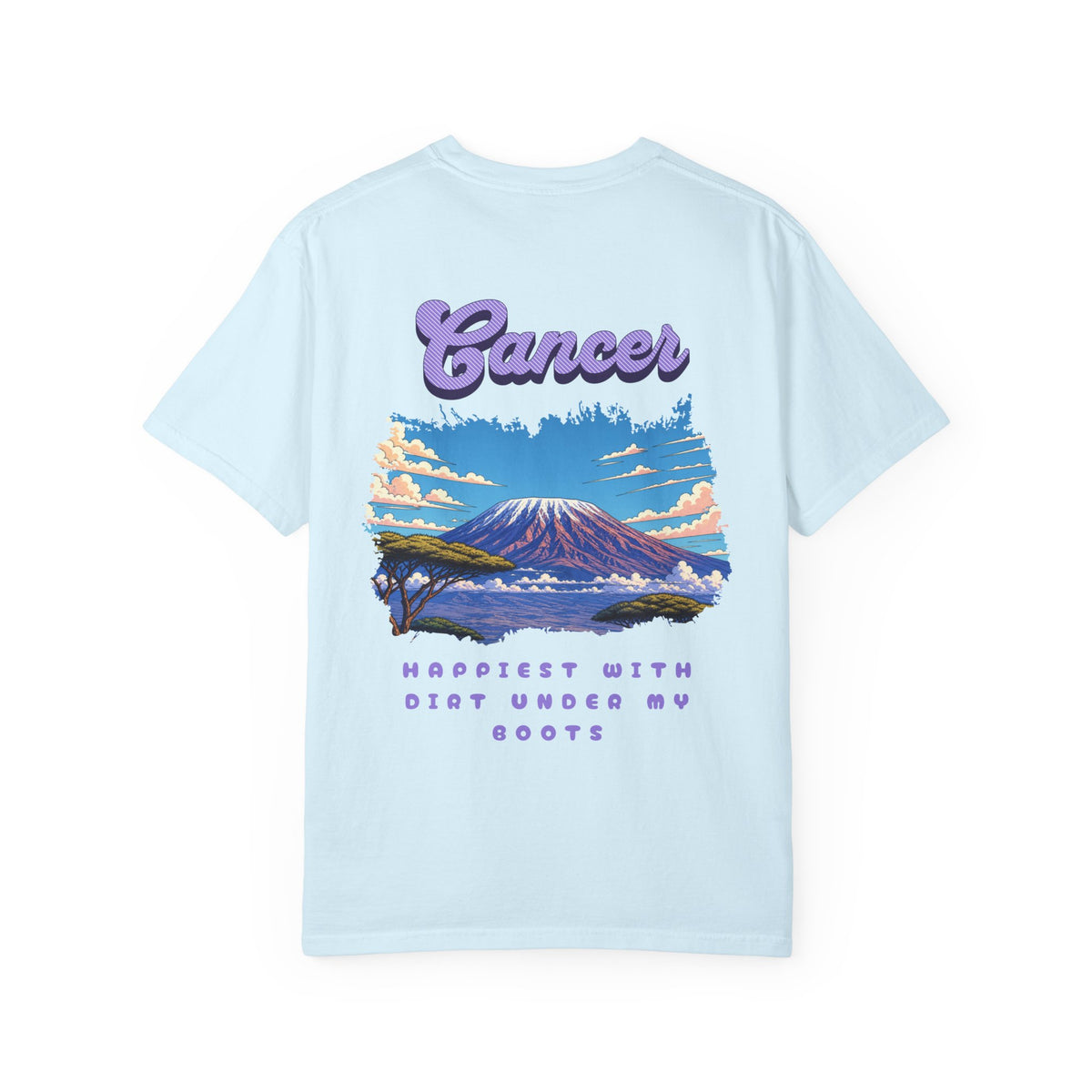 Cancer Zodiac Mountain Scene Back Design T-Shirt | Happiest With Dirt Under My Boots