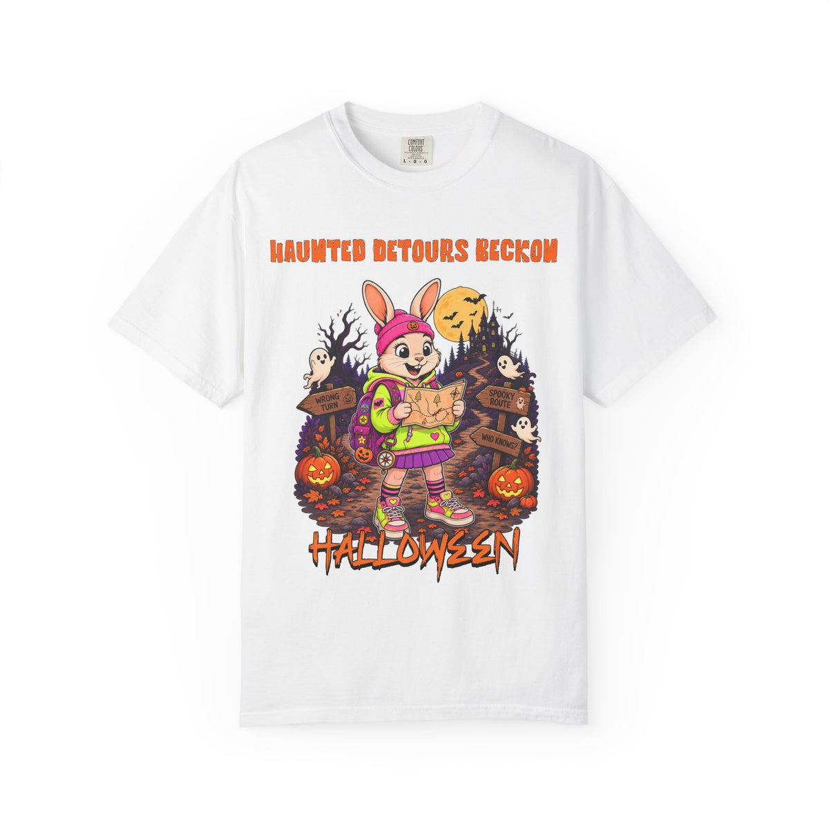 Haunted Detours Bunny Trick-or-Treat T-Shirt | Halloween Pumpkin Spooky Scene