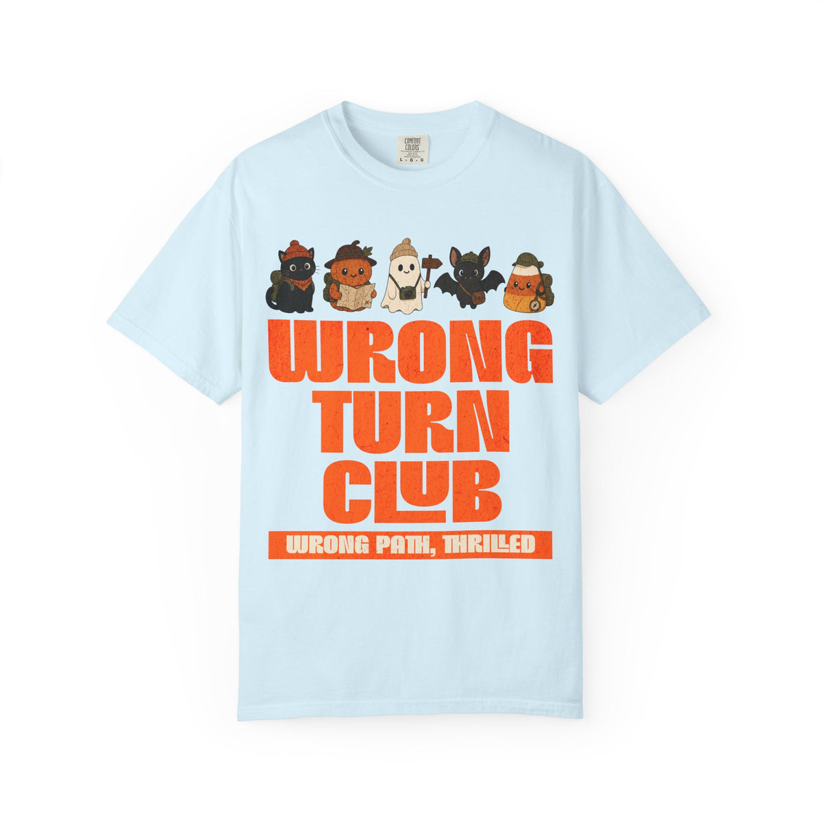 Wrong Turn Club graphic T-shirt | cute Halloween monsters, orange retro type
